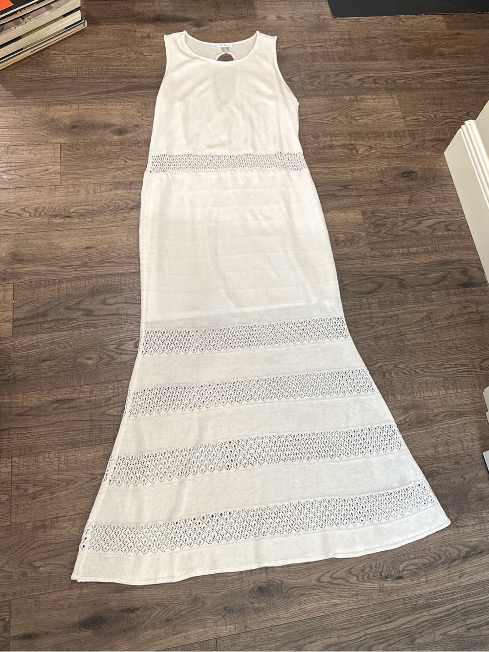 VENUS 1X White Crochet Panel Knit Maxi Dress Sleeveless Resort Boho